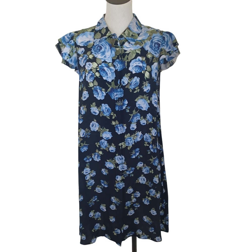 Alice + Olivia Blue Rose Floral Cupro Shift Dress Black Collared CC505P22574 L